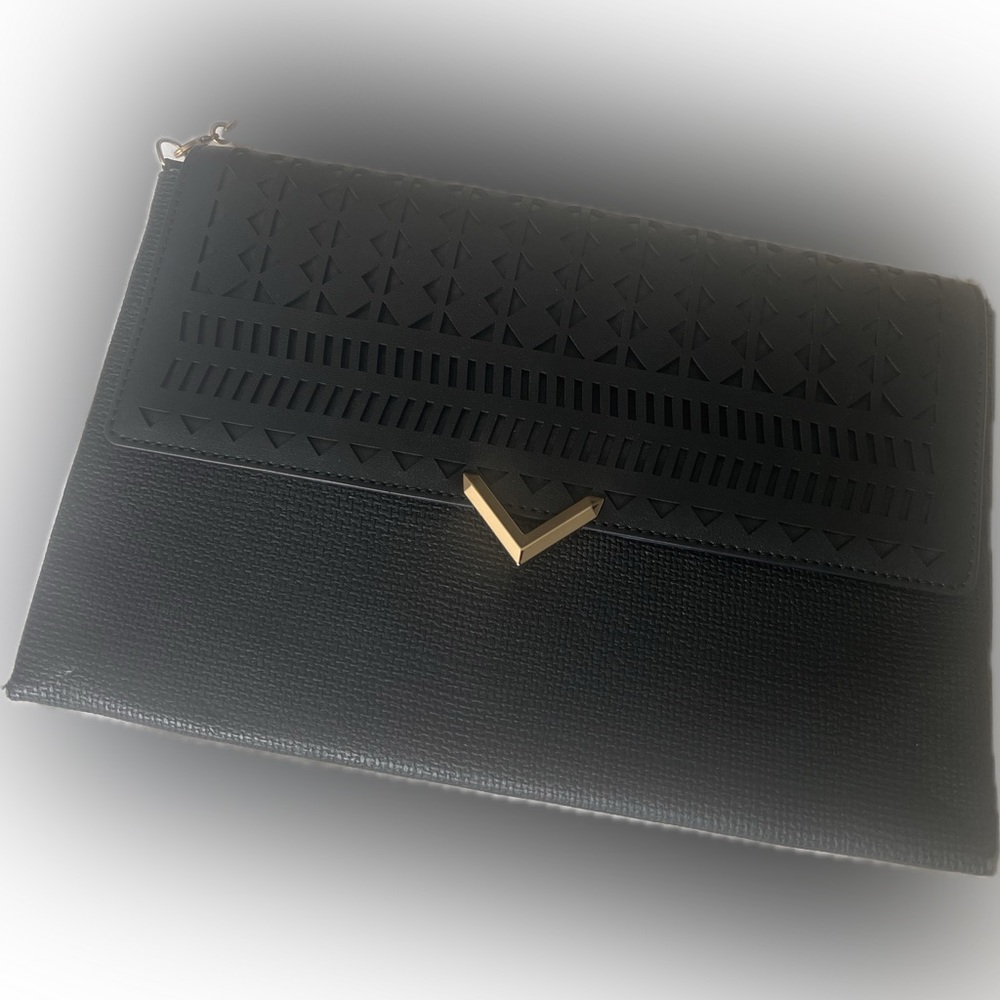 Stella and Dot Black envelope clutch with gold crossbody strap
